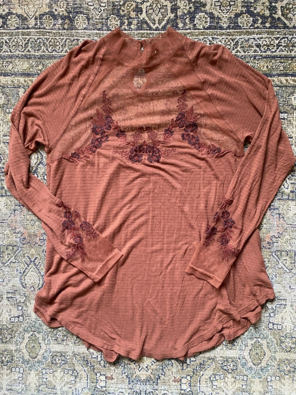 Free People Rust Long Sleeve Top with Floral Embroidery